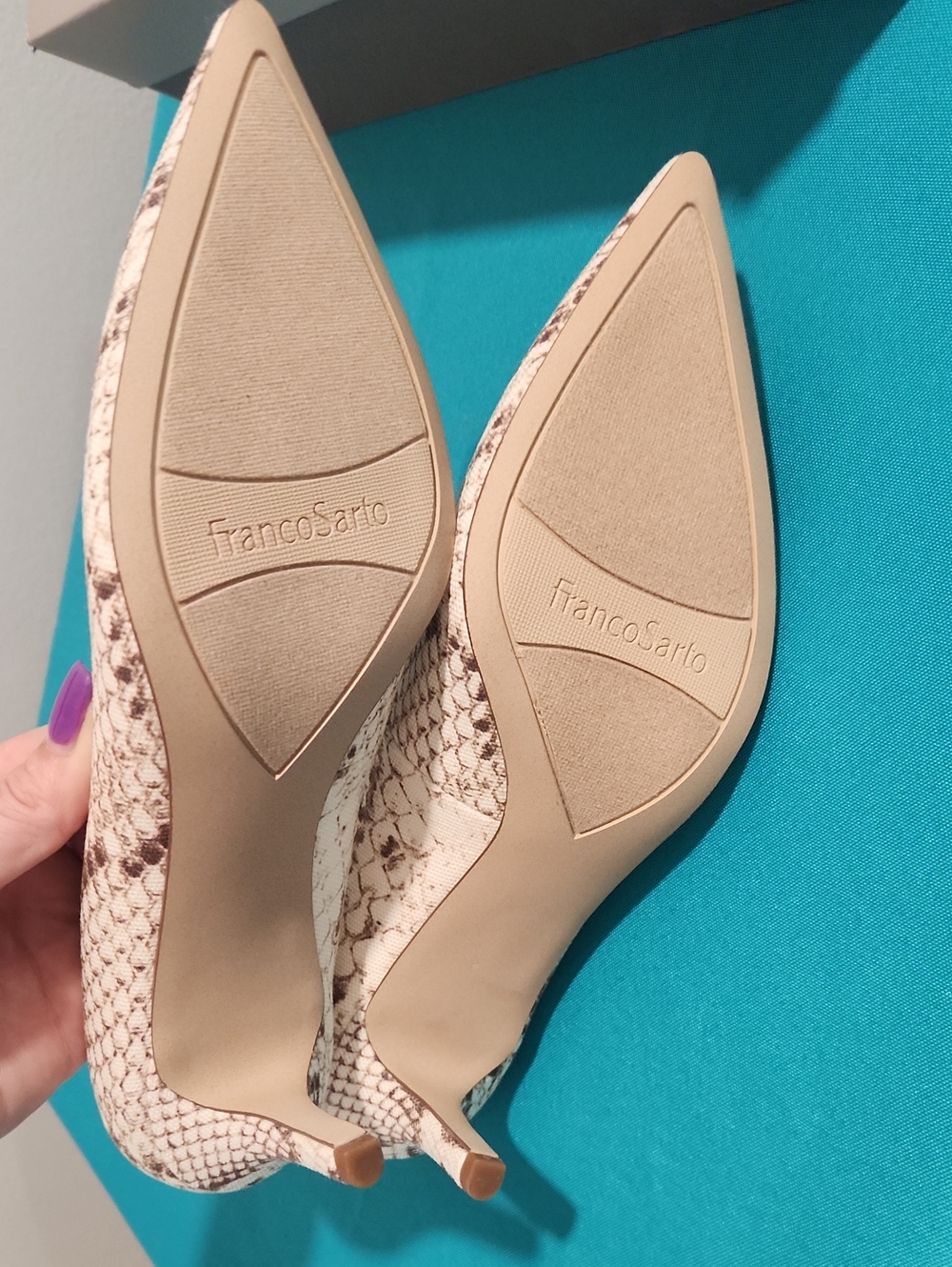Franco Sarto Cream Snake-Print Pointed Toe Heels - Picture 2 of 3